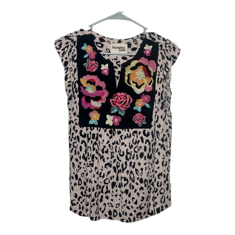 Savanna Jane Short Sleeve Boho Floral Embroidered Animal Print‎ Blouse Size M